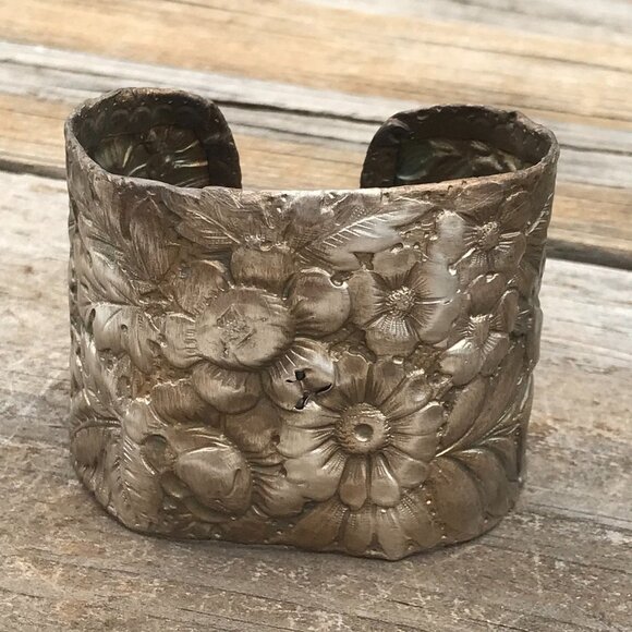 Antique Sterling Silver Bracelet Art Nouveau Floral Cuff 925 Gorham Victorian - Picture 4 of 8